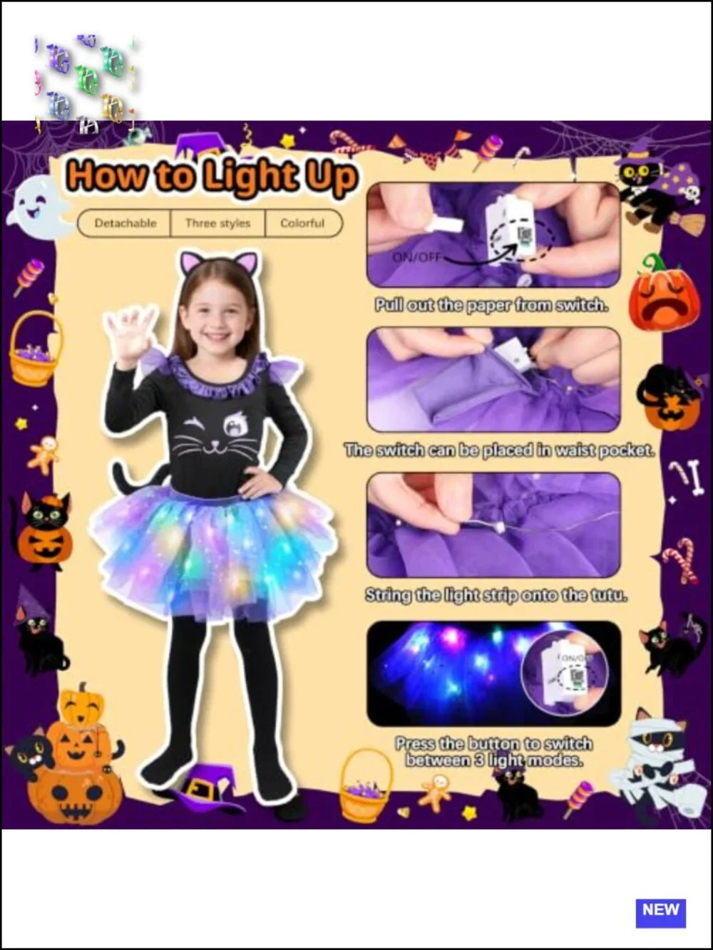 Girls Light-Up Cat Costume with Tutu and Accessories for Halloween